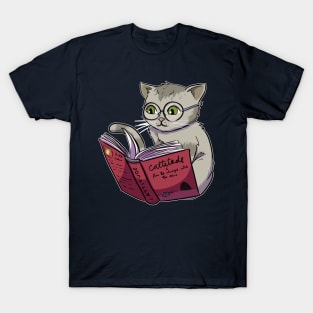 Cat with glasses is reading a book about cattitude rules T-Shirt